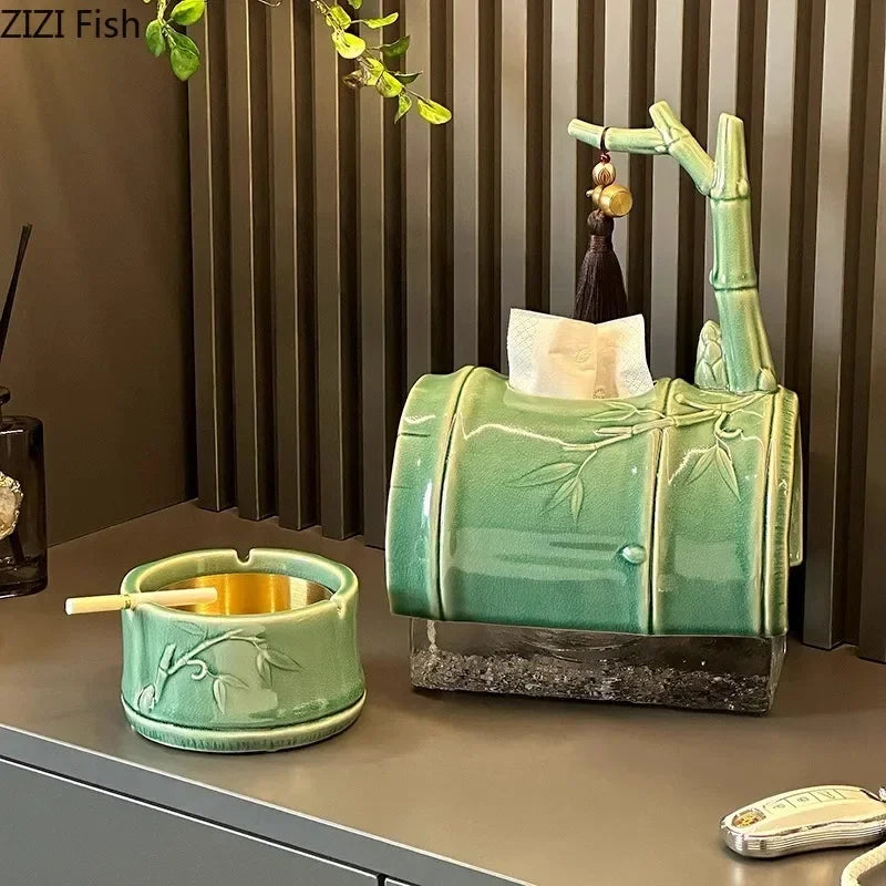 DecorBites™ Bamboo Tissue Box: Ceramic Green Bamboo Design for Coffee Table & Desk Decor