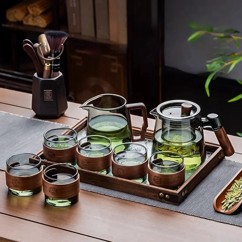 DecorBites™ Glass Teapot Set with Teacup, Kung Fu Style, Pyrex Tea Maker, Flower Pattern