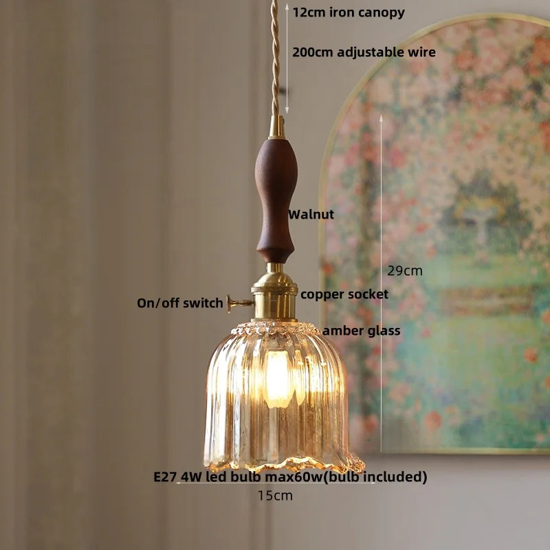 DecorBites™ Amber Flower Glass LED Pendant Light - Modern Nordic Copper Switch Hang Lamp