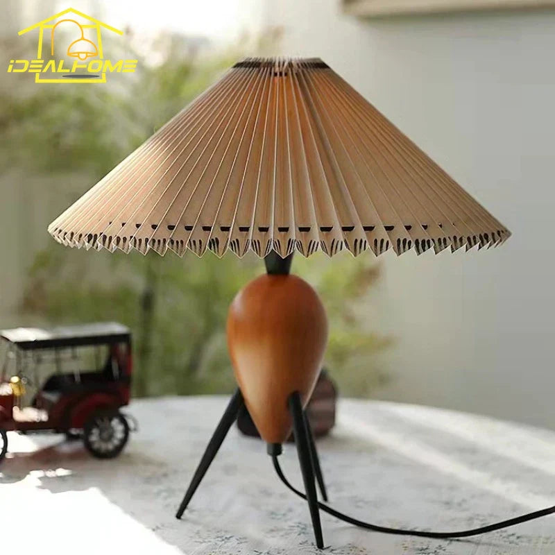DecorBites™ Bauhaus Pleated Wood Table Lamp LED E27 Solid Fabric Desk Light