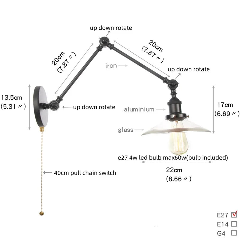 DecorBites™ Clear Glass Swing Arm Wall Light Fixture for Dining Living Room Cafe
