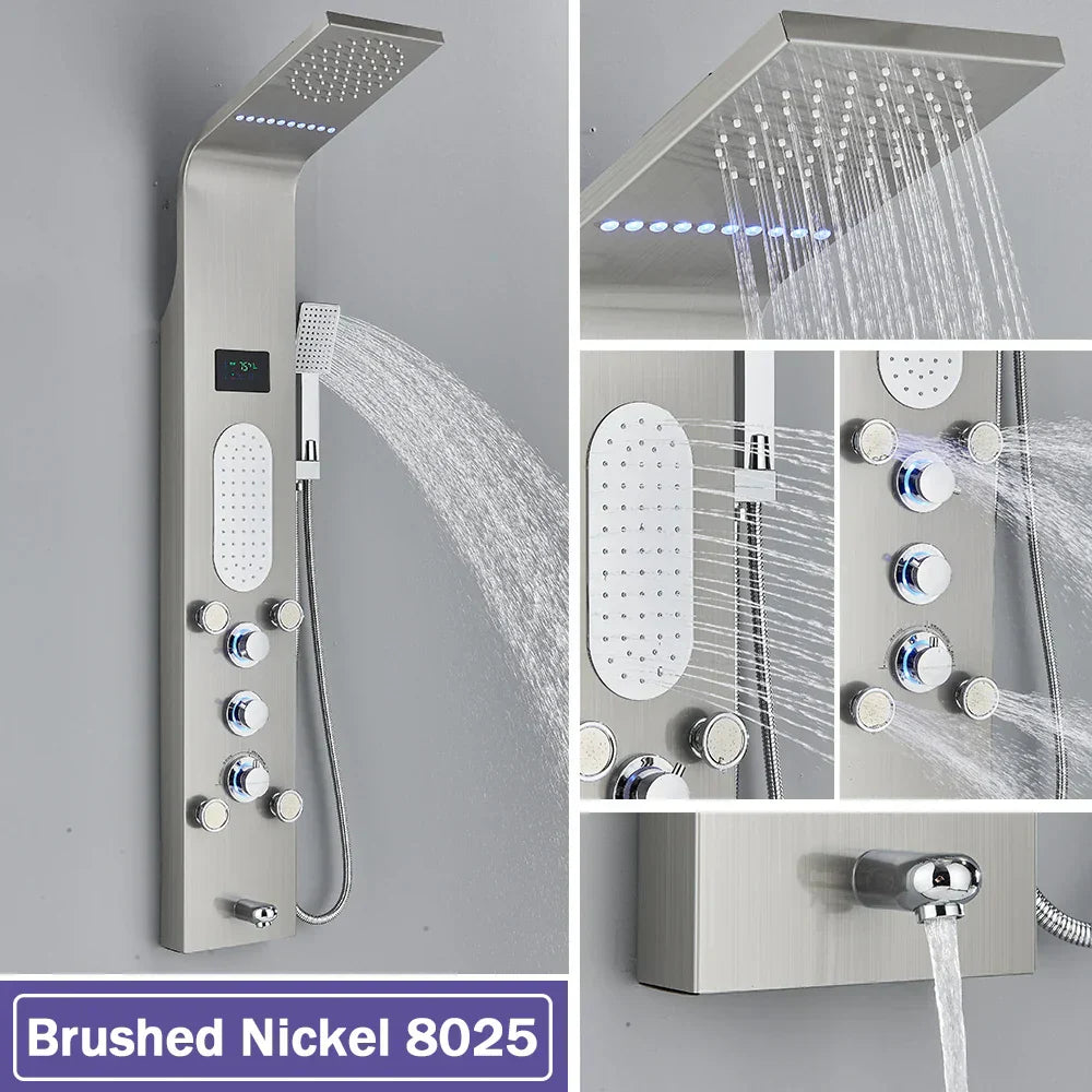 DecorBites™ Black LED Waterfall Rain Shower Panel with Massage Sprayer and Bidet Tap