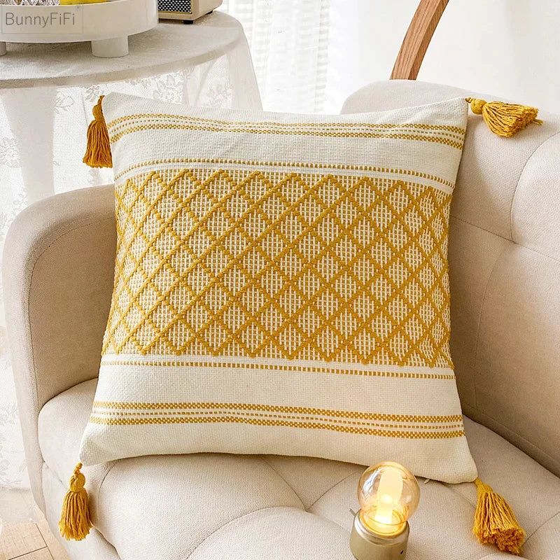 DecorBites™ Blue Diamond Jacquard Tassel Cushion Cover 45x45cm