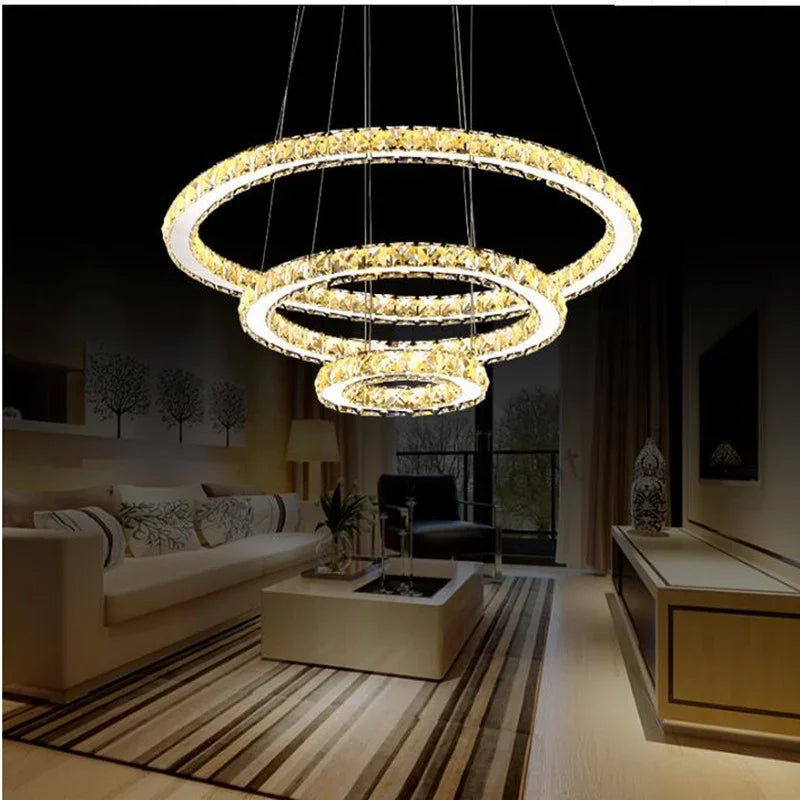 DecorBites™ Crystal Rings LED Chandelier, Chrome Lustre Ceiling Pendant for Living Room