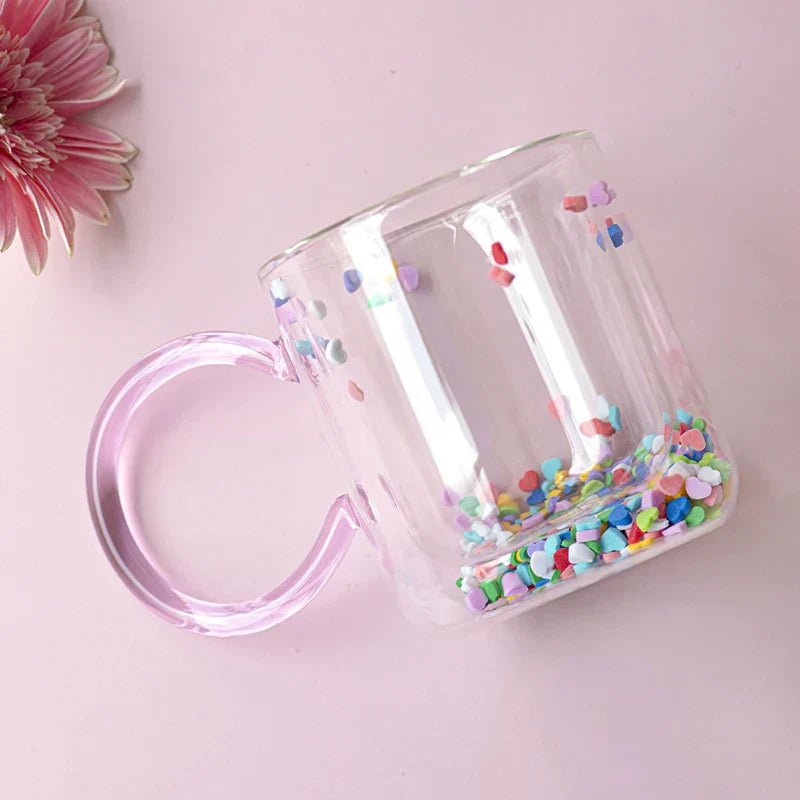 DecorBites™ Love Quicksand Double Bottom Glass Cup - Cute Kawaii Girl Water Coffee Mug