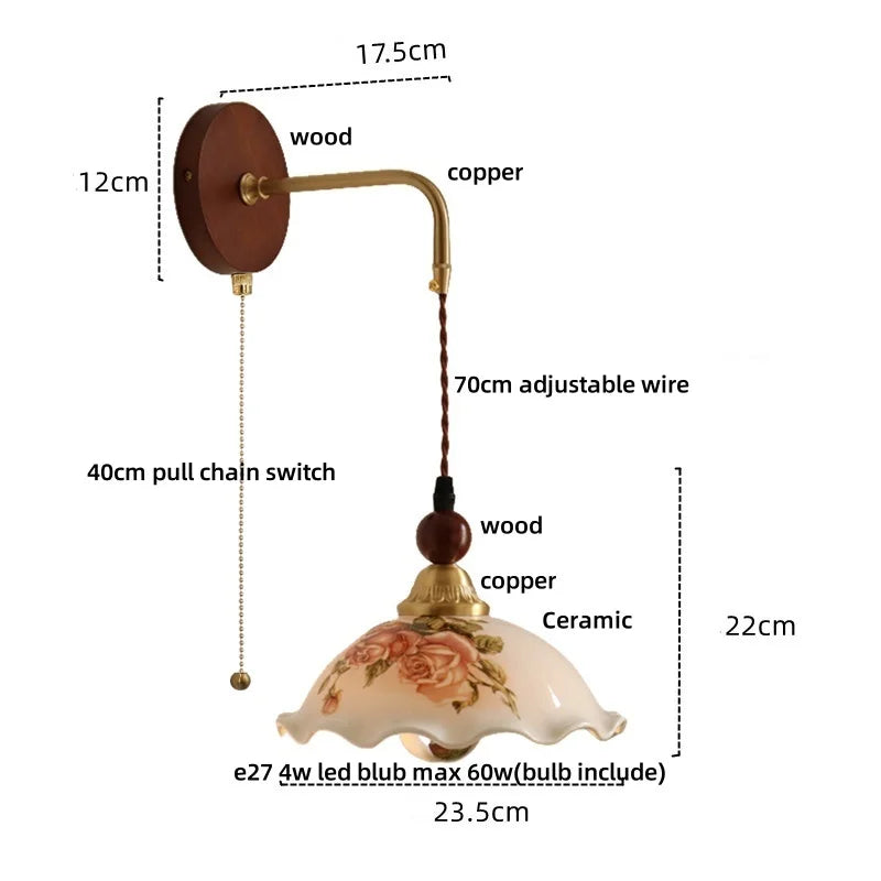 DecorBites™ Ceramic LED Wall Light Copper Pull Chain Wood Base Modern Bedside Lamp
