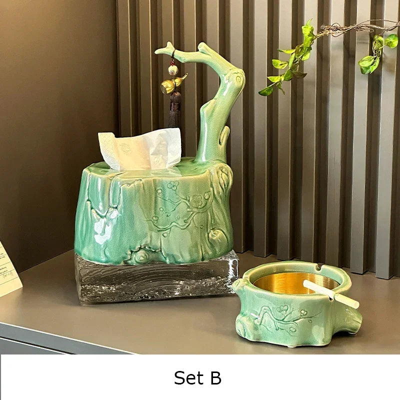 DecorBites™ Bamboo Tissue Box: Ceramic Green Bamboo Design for Coffee Table & Desk Decor