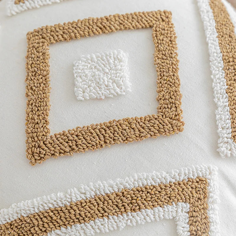 DecorBites™ Geometric Cotton Embroidered Pillow Case with Tufted Fringe, Decorative Sofa Cushion Cover