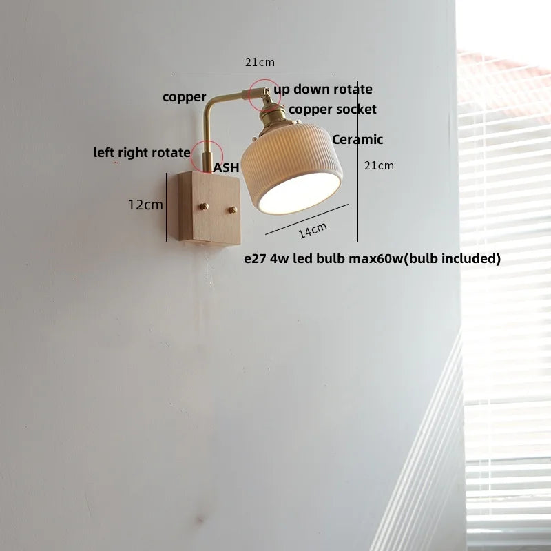 DecorBites™ Globe Ceramic Walnut Wood Wall Light with Pull Chain Switch and Rotatable Design