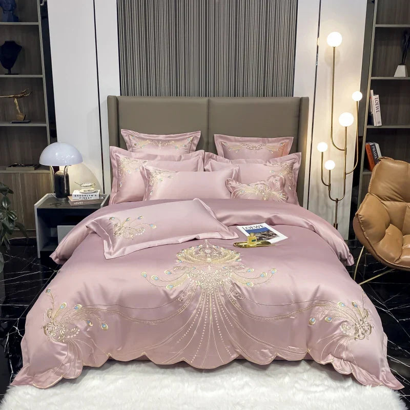 DecorBites™ Gold Feather Embroidery Egyptian Cotton Patchwork Bedding Set