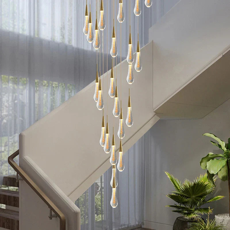 DecorBites™ Crystal Teardrop Chandelier Staircase LED Pendant Light, Gold Living Room Decor