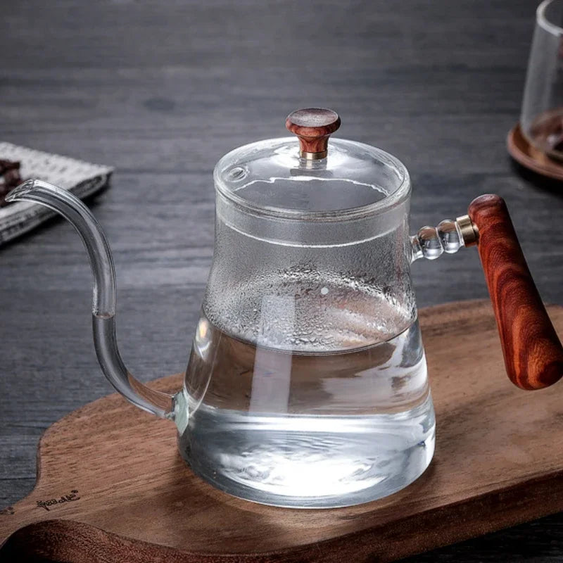 DecorBites™ Glass Goose Beak Kettle | Stainless Steel | Wooden Handle