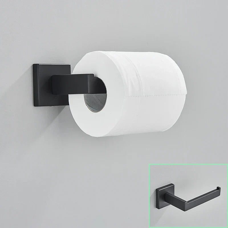 DecorBites™ Black Bathroom Hardware Set: Robe Hook, Towel Rail, Shelf, Tissue Holder