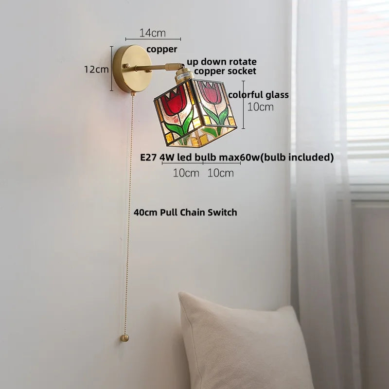 DecorBites™ Colorful Square Glass LED Wall Lights with Pull Chain Switch, Tiffany Style