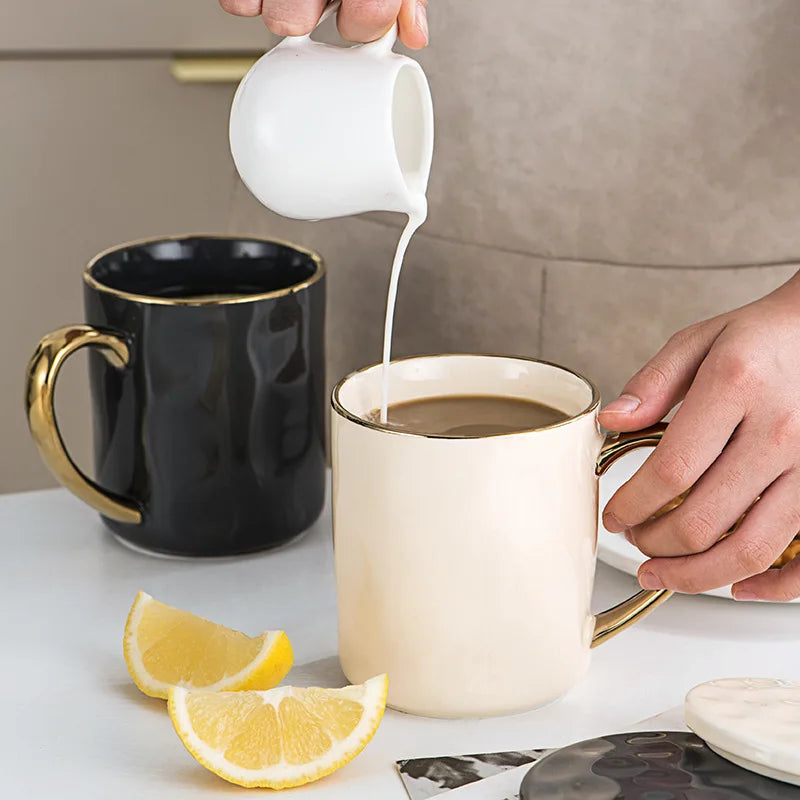 DecorBites™ Nordic Gold Rim Mug Set - Light Luxury Ceramic Coffee Cups with Handle