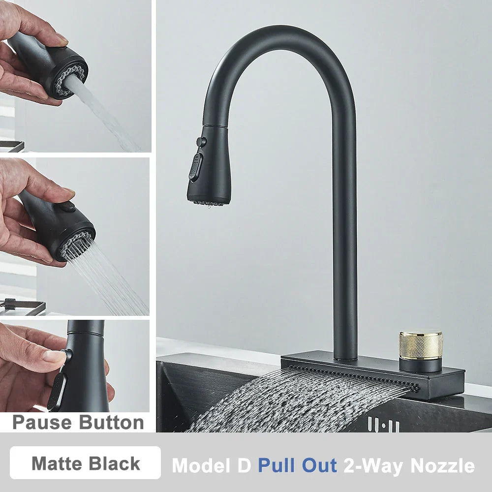 DecorBites™ Black Rainwater Kitchen Faucet Flexible Pull Out 3 Way Nozzle Mixer Tap