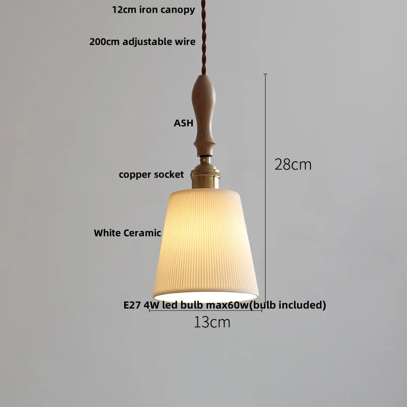 DecorBites™ Adjustable LED Pendant Lights Ash Wood White Ceramic Modern Hanging Lamp