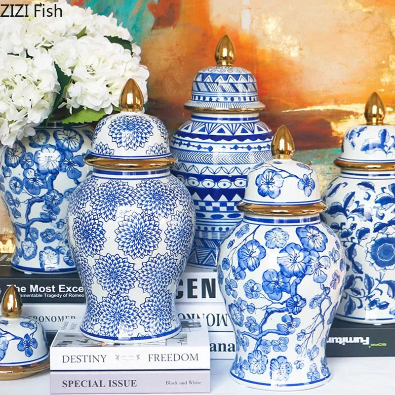 DecorBites™ Blue & White Porcelain Ginger Jar: Retro Tea Caddy Vase Desk Decoration