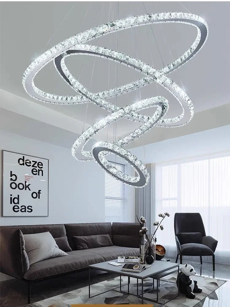 DecorBites™ Crystal Rings LED Chandelier, Chrome Lustre Ceiling Pendant for Living Room