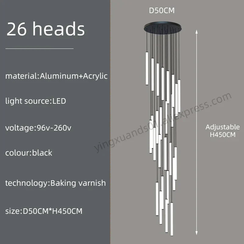 DecorBites™ Loft Black Chandelier: Acrylic Villa Ceiling Lamp for Living Room & Staircase