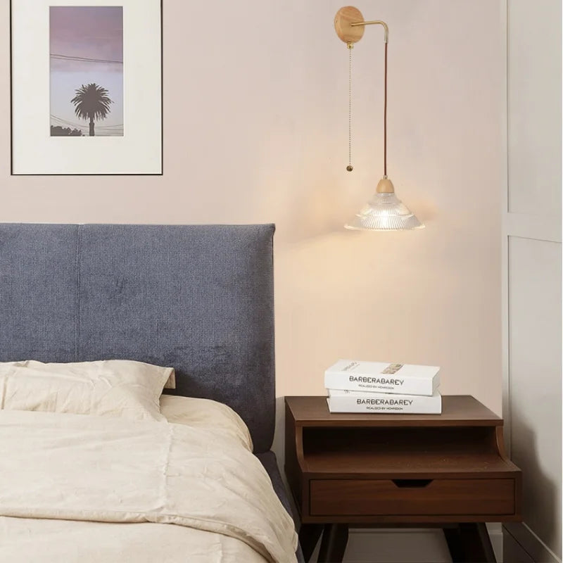 DecorBites™ Clear Glass LED Wall Lights with Wood Pull Chain Switch - Modern Copper Stair Light