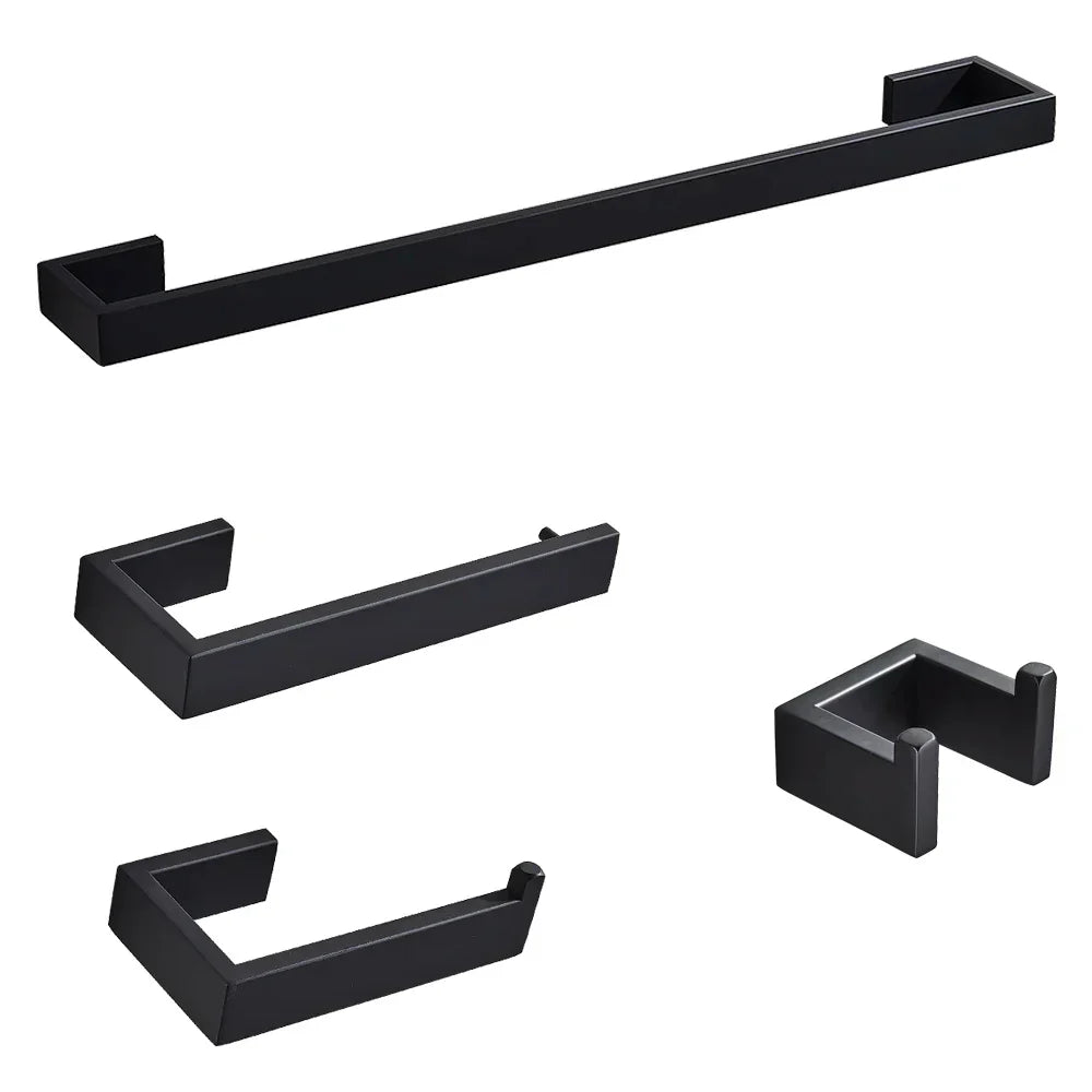 DecorBites™ Black Bathroom Hardware Set: Robe Hook, Towel Bar, Shelf, Tissue Holder, Toothbrush Organizer