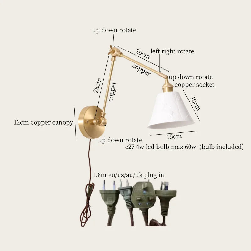 DecorBites™ Ceramic LED Wall Lamp, Pull Chain Switch, Nordic Copper, Small Size