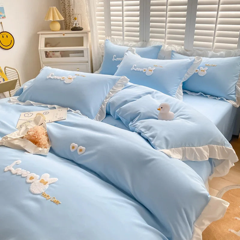 DecorBites™ Cartoon Princess Embroidered Cotton Bedding Set for Adult Girls