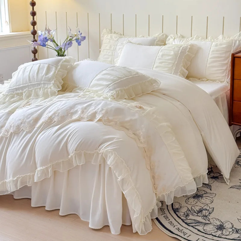 DecorBites™ Lace Luxury Bed Skirt Set: Silky Solid Color Bedclothes Single Double Bedspread