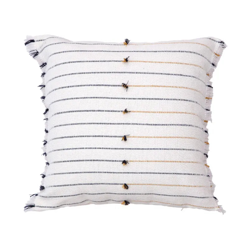 DecorBites™ Handmade Cotton Woven Cushion Tassels - Ivory Black Yellow Stripe Home Decor