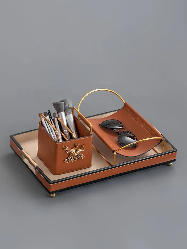 DecorBites™ Brown Leather Desktop Storage Basket and Tissue Box