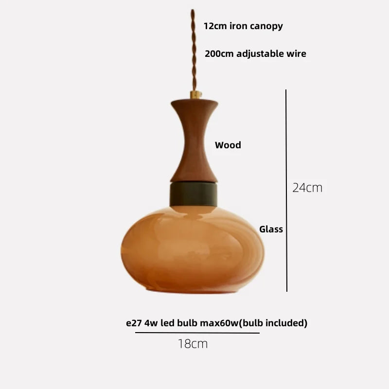 DecorBites™ Amber LED Pendant Light Fixture Wood Glass Loft Adjustable Hang Lamp