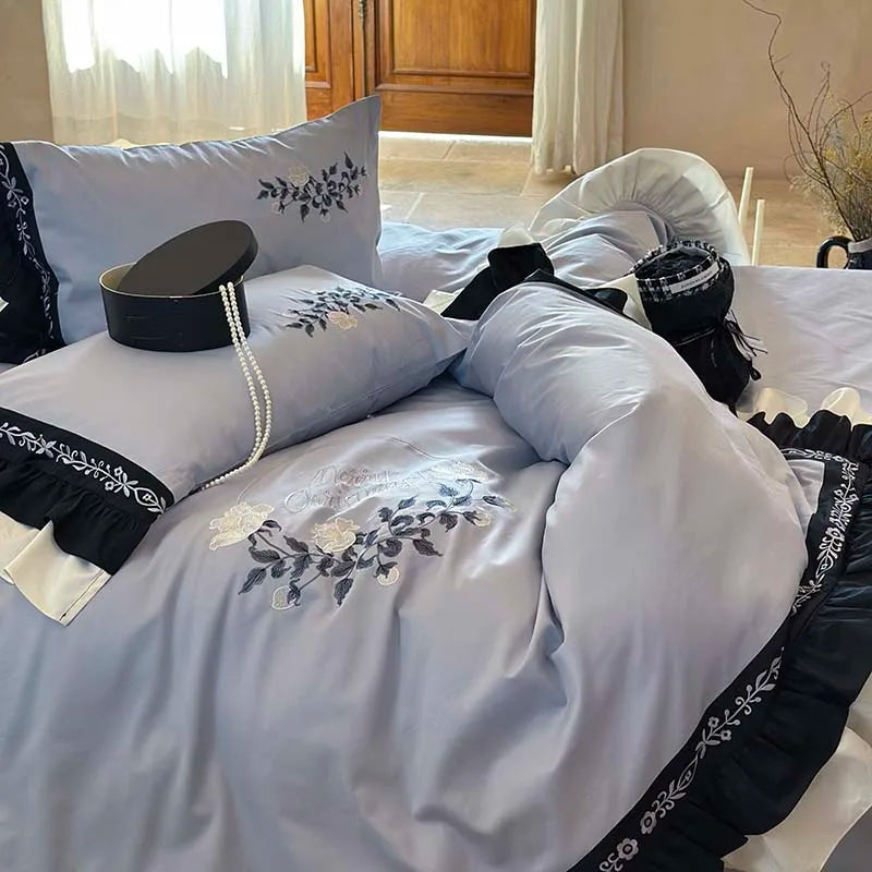 DecorBites™ Flowers Embroidery Ruffles Cotton Bedding Set with Duvet Cover, Sheet, Pillowcases