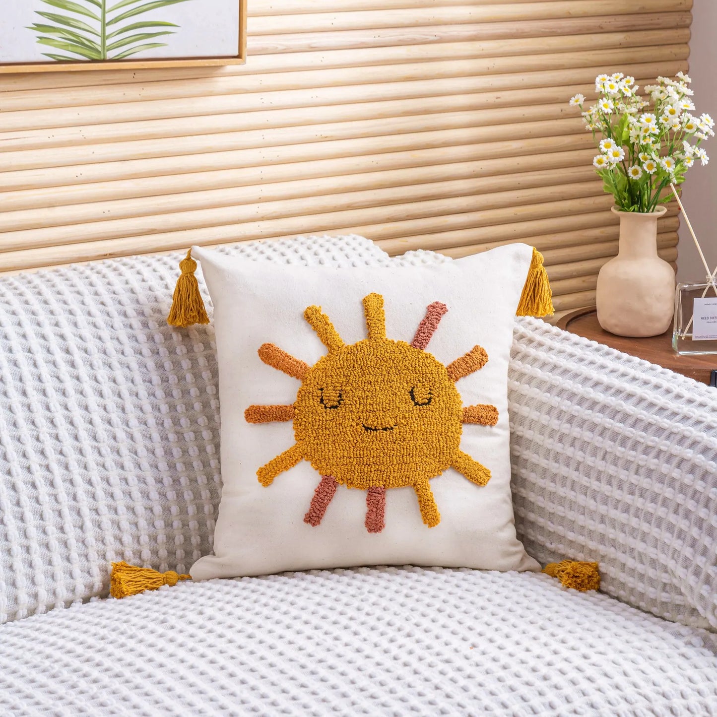 DecorBites™ Boho Yellow Rainbow Star Moon Tassel Cushion Cover 45x45cm