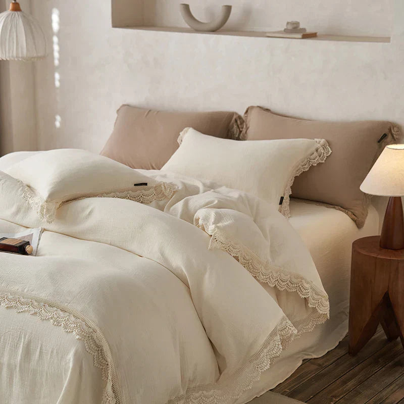 DecorBites™ Lace Edge Cotton Bedding Set for Soft Skin with Duvet, Sheets, and Pillowcases
