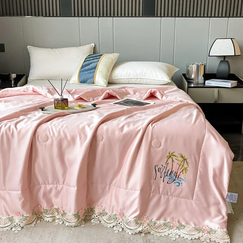 DecorBites™ Lace Edge Flowers Embroidery Cool Blanket for Bed - Machine Washable Summer Quilt