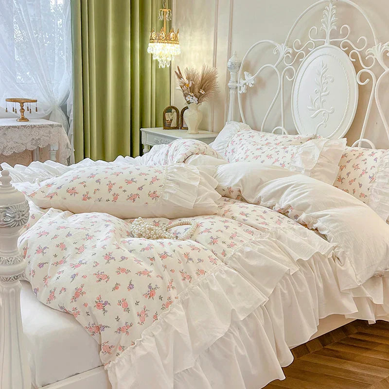 DecorBites™ Cotton Floral Print Bedding Set with Pleat Lace Ruffles, 4-Piece Ensemble