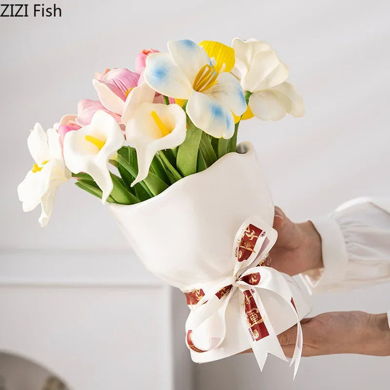 DecorBites™ Lovely Ribbon Ceramic Vase Set for Cute Room Aesthetic Decor