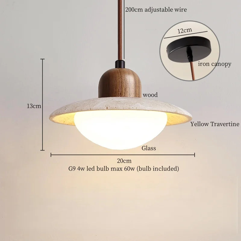 DecorBites™ LED Pendant Lights Yellow Travertine Wood Hanging Lamp for Bedroom Dining Room