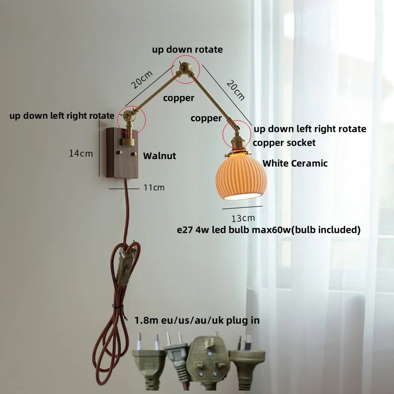 DecorBites™ Ceramic LED Wall Light Rotatable Walnut Bedside Lamp