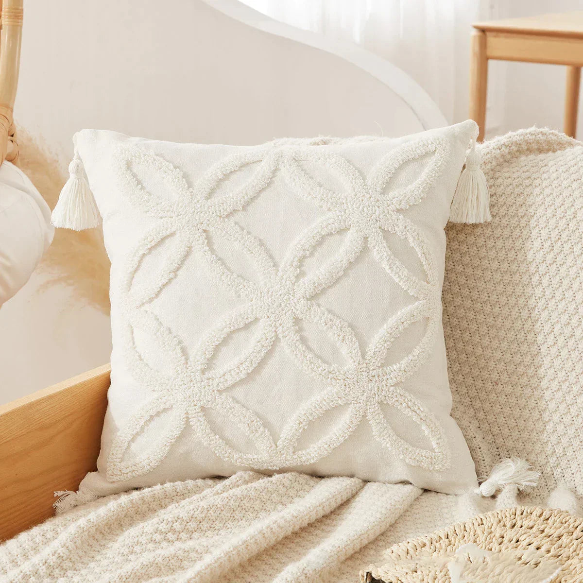 DecorBites™ Boho Beige White Tufted Tassel Cushion Cover Linen Cotton Embroidered Pillow Case