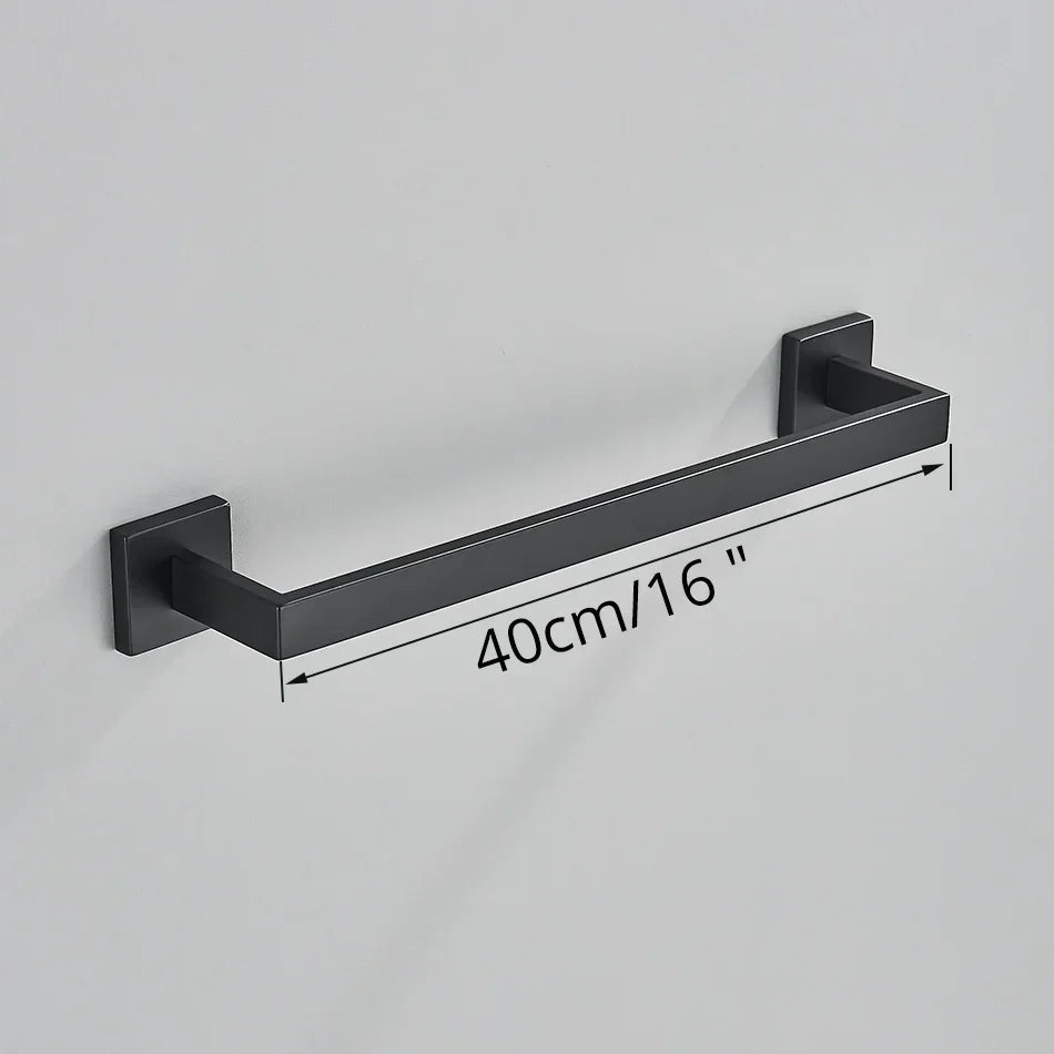 DecorBites™ Black Bathroom Accessories Set: Robe Hook, Towel Rail, Shelf, Paper Holder