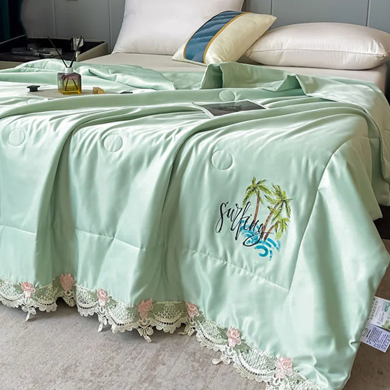 DecorBites™ Lace Edge Flowers Embroidery Cool Blanket for Bed - Machine Washable Summer Quilt
