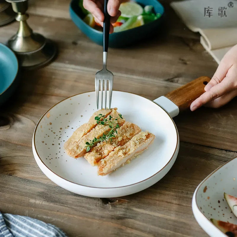 DecorBites™ Ceramic Wood Handle Bowl: Nordic Style Salad & Noodle Tableware