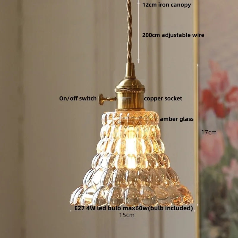 DecorBites™ Amber Flower Glass LED Pendant Light - Modern Nordic Copper Switch Hang Lamp