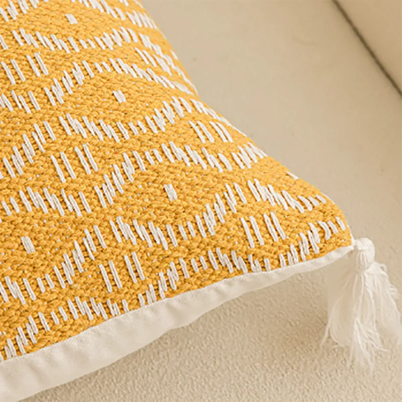 DecorBites™ Geometric Tufted Cushion Cover with Crochet Tassels - Nordic Yellow Striped Pillow Cover