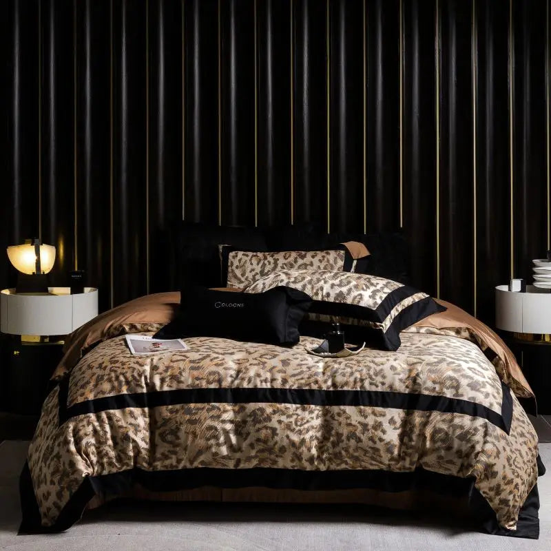 DecorBites™ Leopard Jacquard 1000TC Lyocell Cotton Bedding Set: Duvet, Sheet, Pillowcases