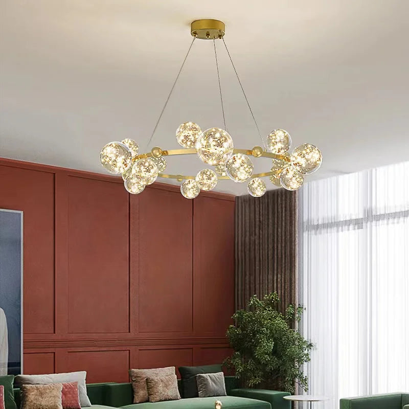 DecorBites™ LED Glass Bulb Pendant Light: Modern Round Design, Gold/Black, Gypsophila String