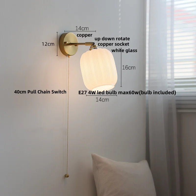 DecorBites™ Japanese Style LED Wall Sconce White Glass Rotate Pull Chain Stair Light Fixtures