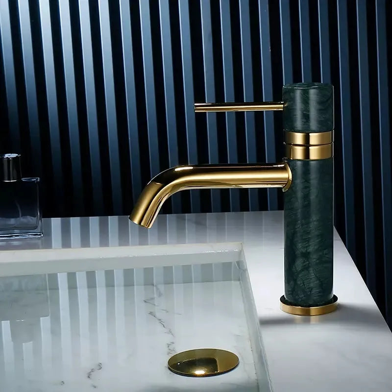DecorBites™ Brushed Gold Bathroom Faucet with Swivel Spout and Marble Accents